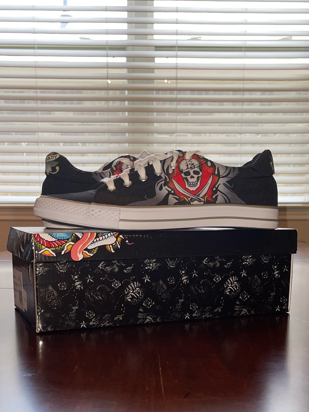 Ed Hardy Black Sneakers with Red and White Skull Graphic